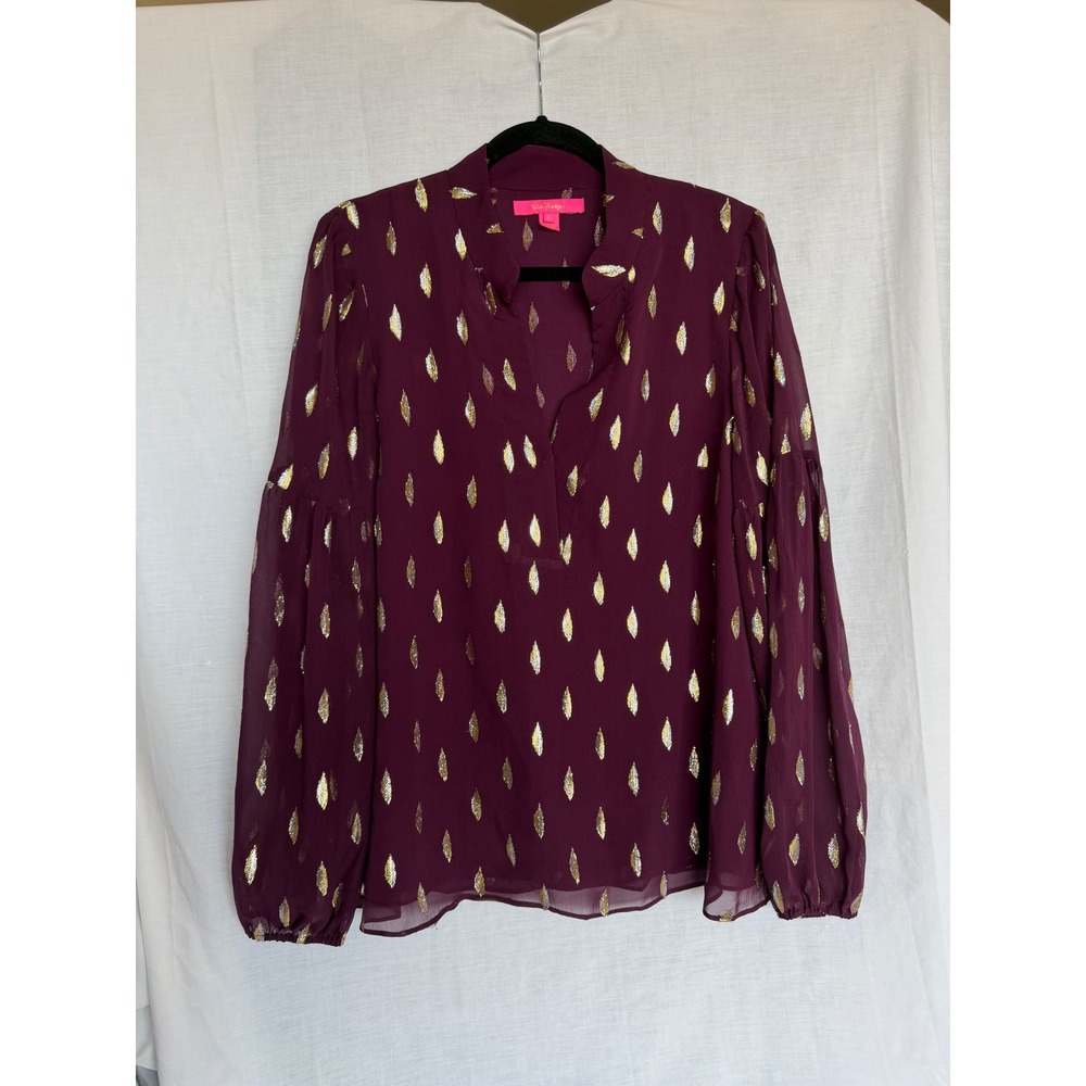 Lilly Pulitzer Shea Metallic Luxe Tunic Top Purple Gold Silk Puff Sleeve Large